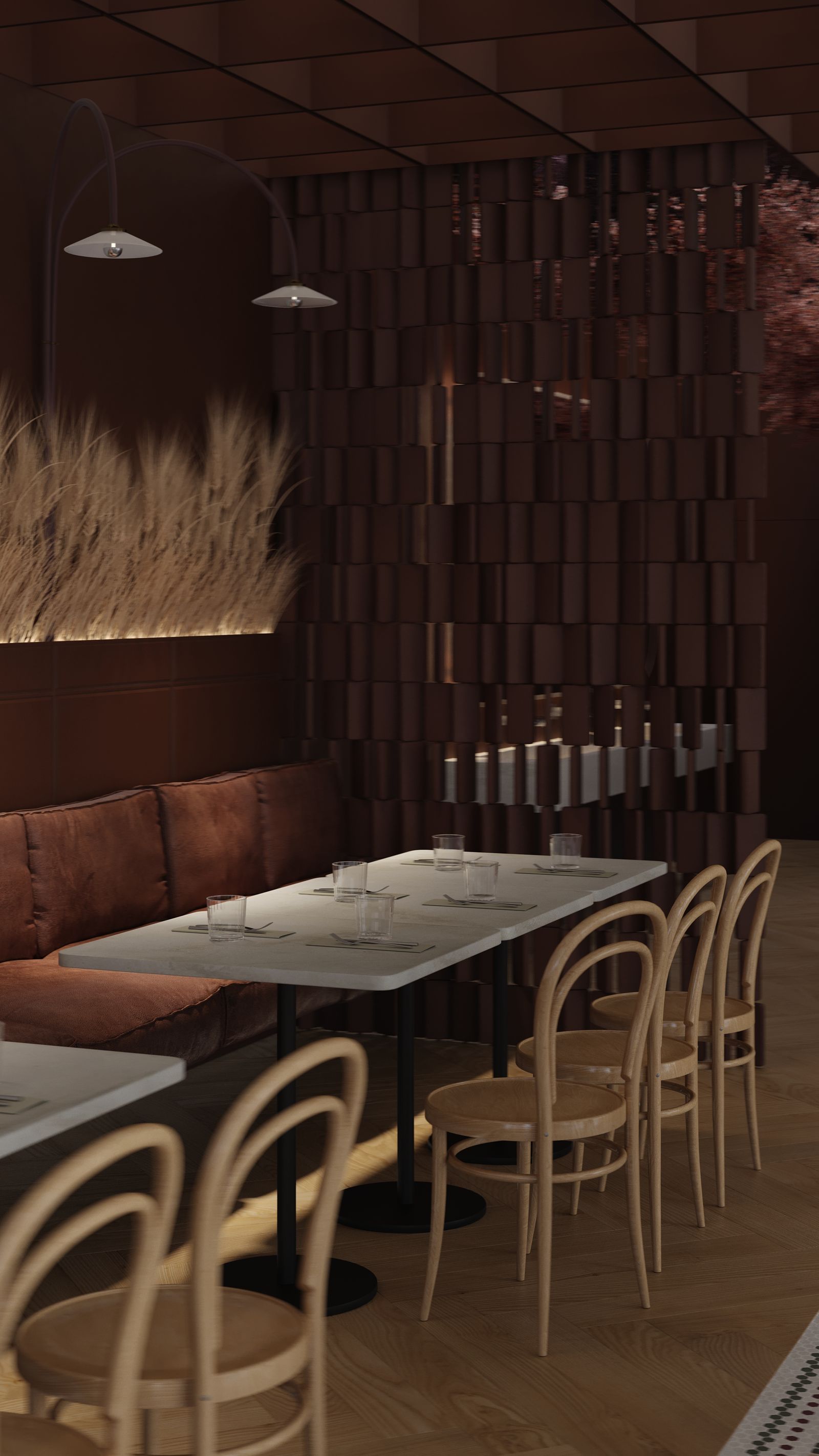 Restaurant interior: dark timber screen, banquette and bentwood chairs