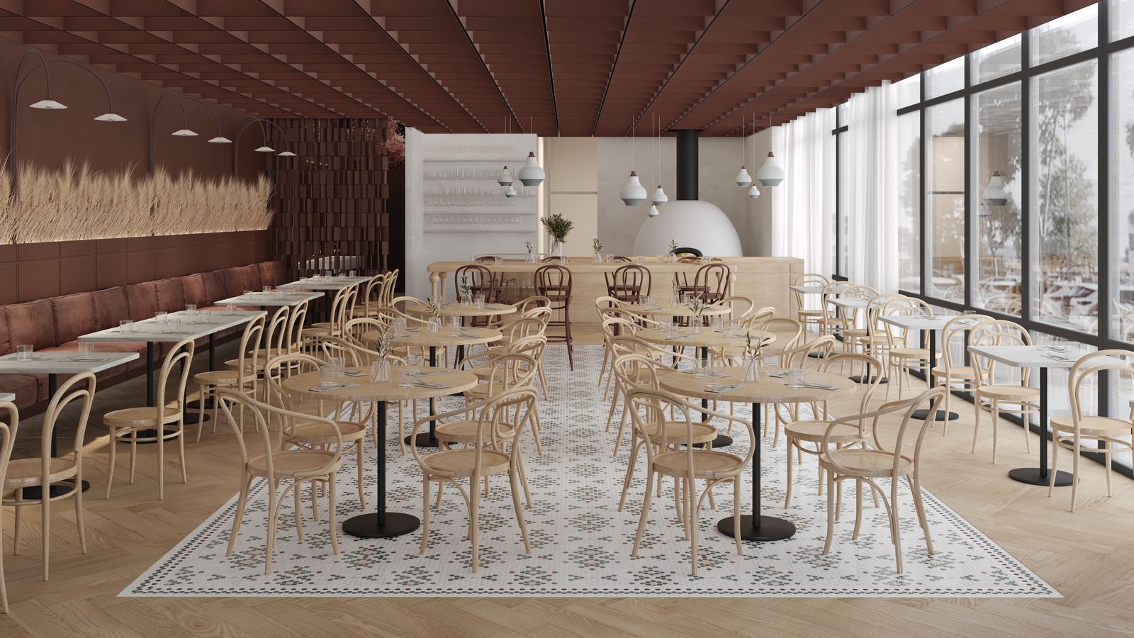 The dining room towards the windows, patterned floor and light oak