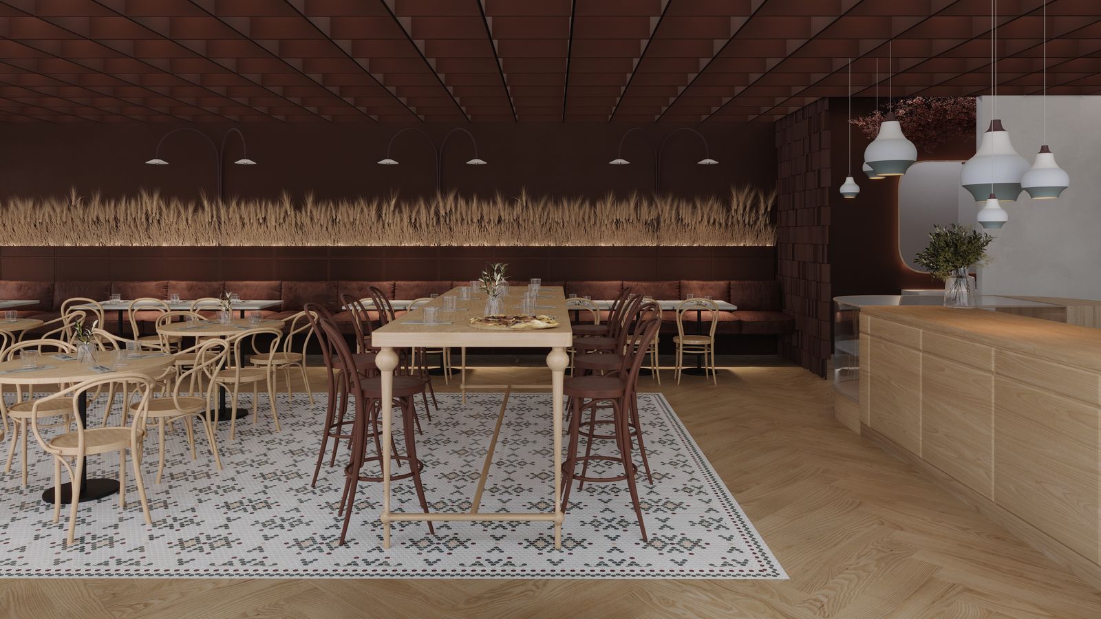 The room from the bar side, timber ceiling and pendant lights