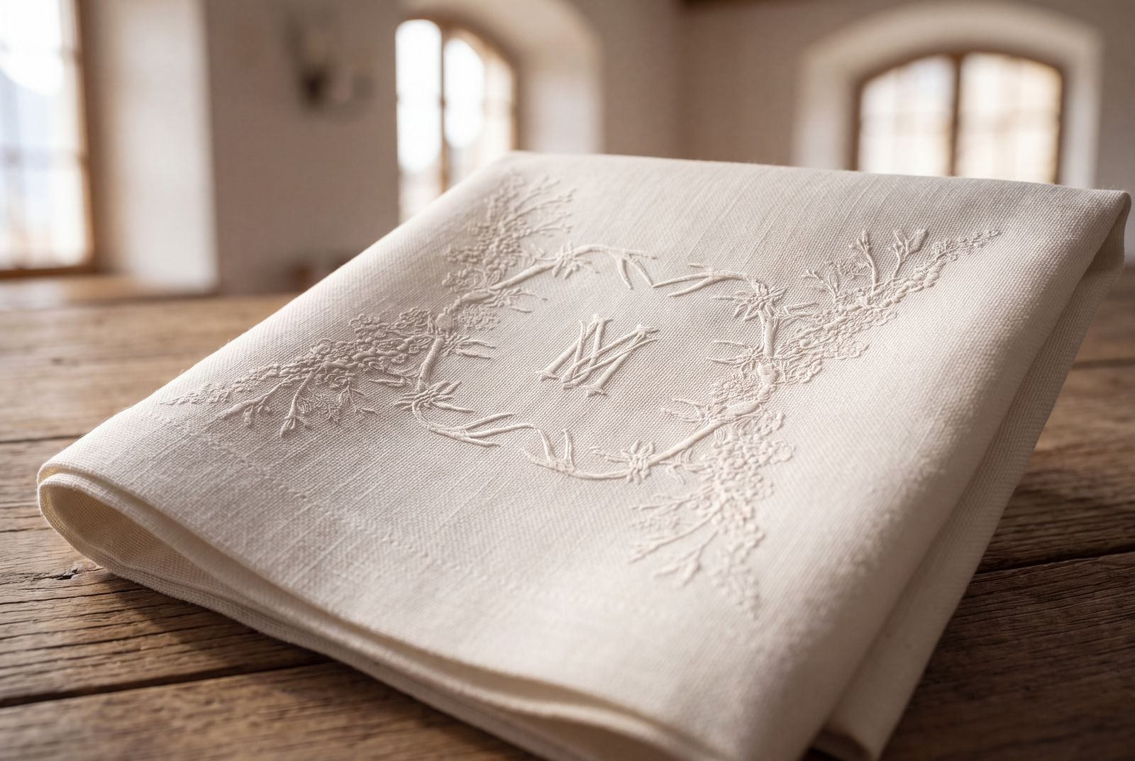 Embroidered monogram on a folded linen cloth
