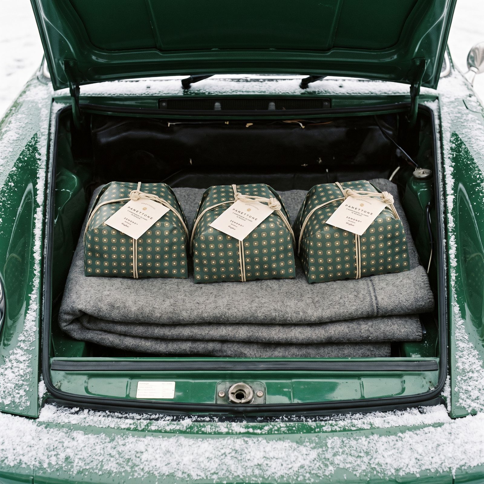 Three panettoni packed on a blanket in the open boot
