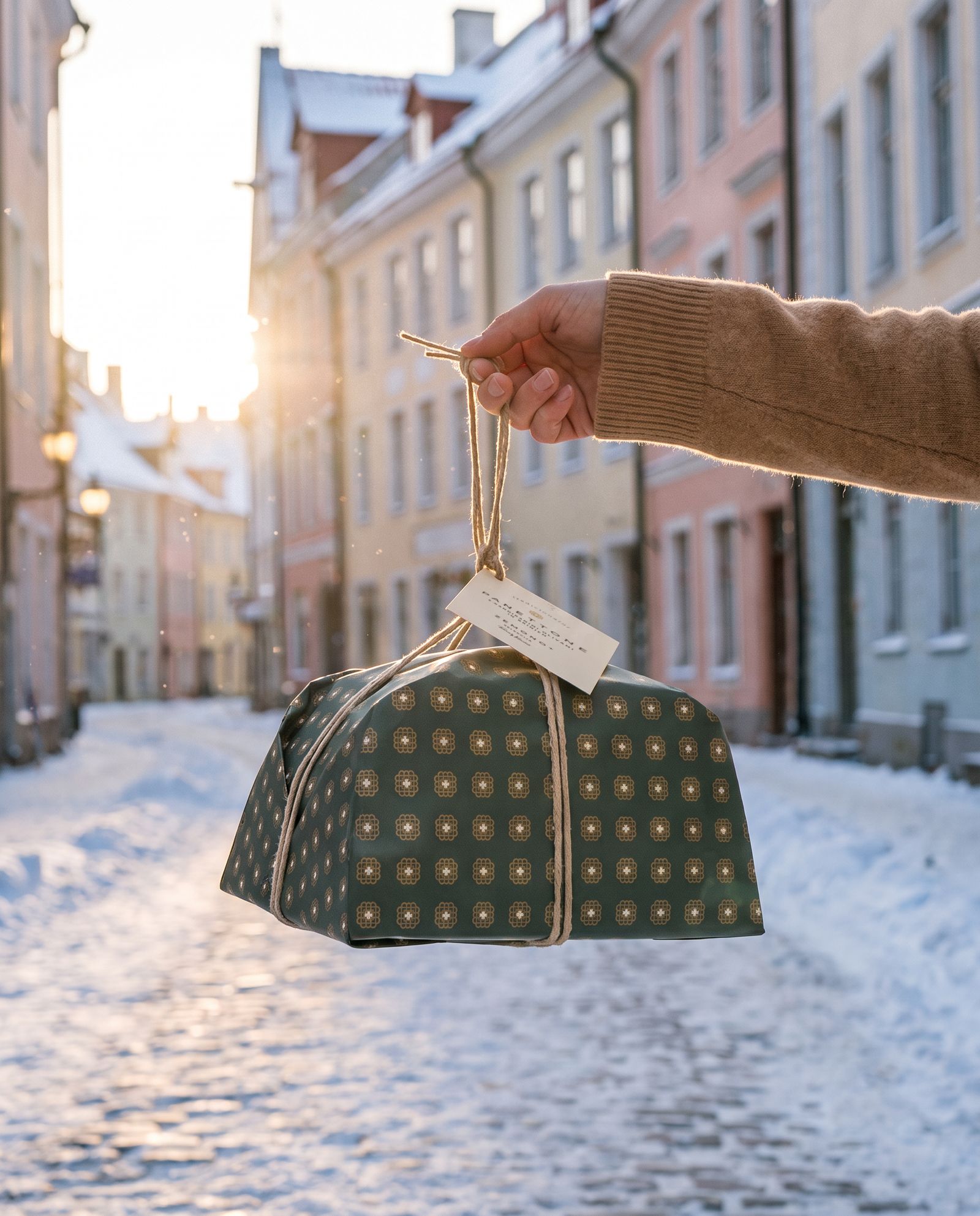 The panettone held up against a row of pastel houses